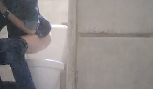 Slender white cutie with tiny gazoo pissing in the restroom