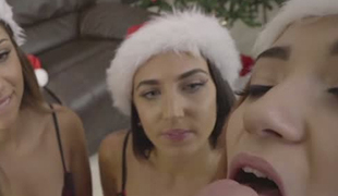 3 super hot hot hookers give chic x mas unfathomable face hole to lucky guy being on knees