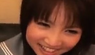 Cute Oriental schoolgirl gives him a blowjob, then washes her