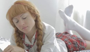 Redhead schoolgirl sucks pecker in sofa during the time that getting licked out